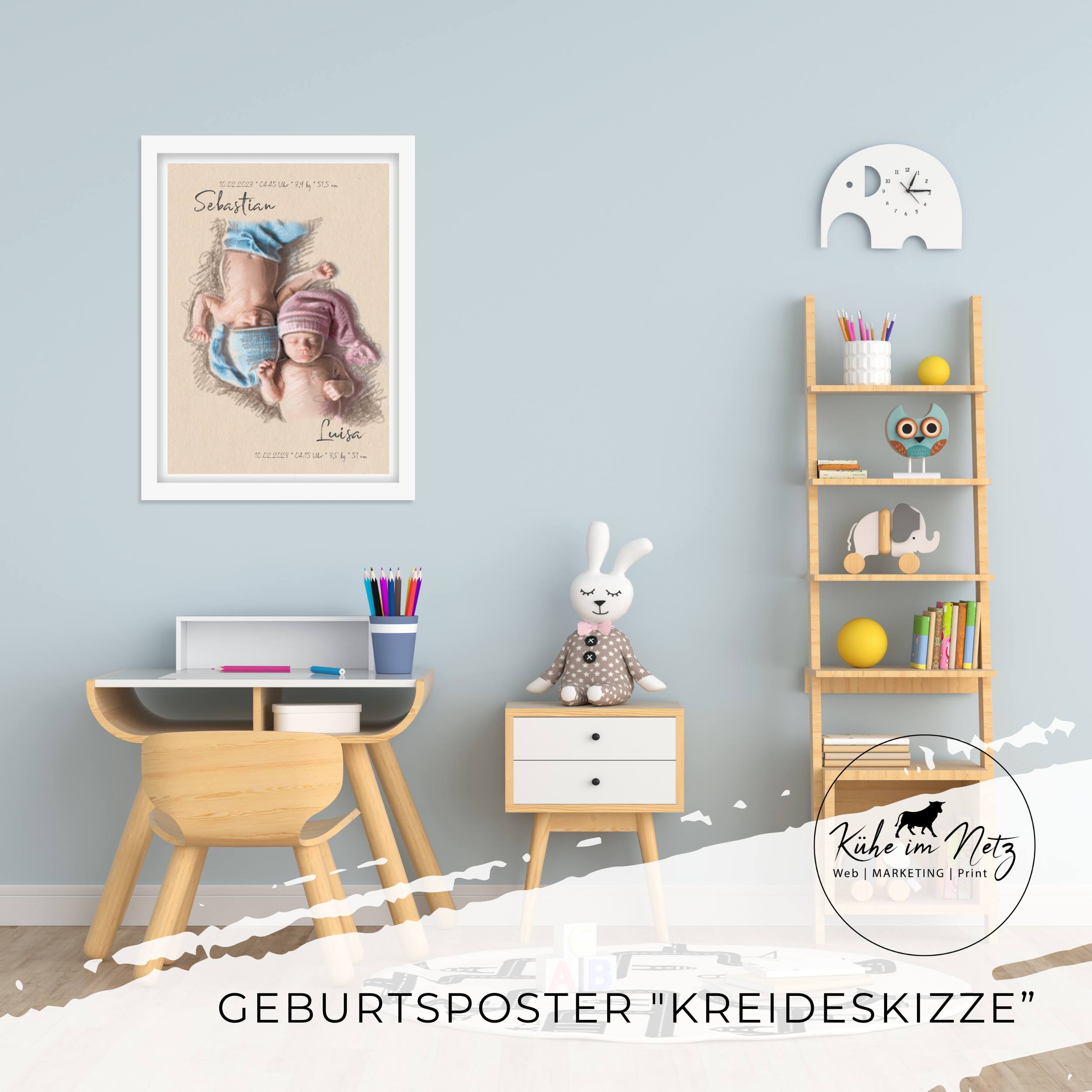 Geburtsposter Zwillinge "Kreideskizze" Paar ***PERSONALISIERT*** – Bild 3