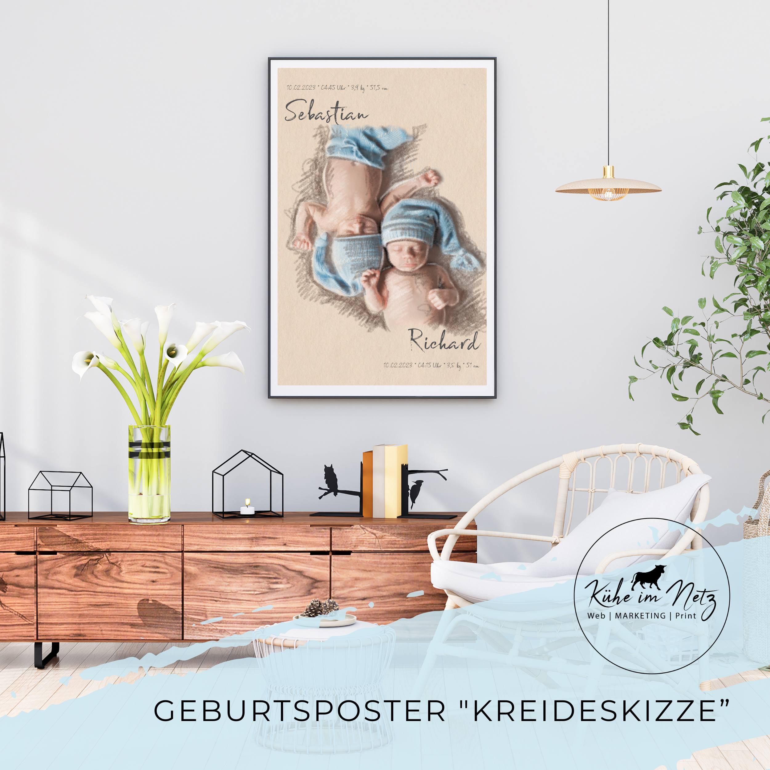 Geburtsposter Zwillinge "Kreideskizze" Jungen ***PERSONALISIERT*** – Bild 3
