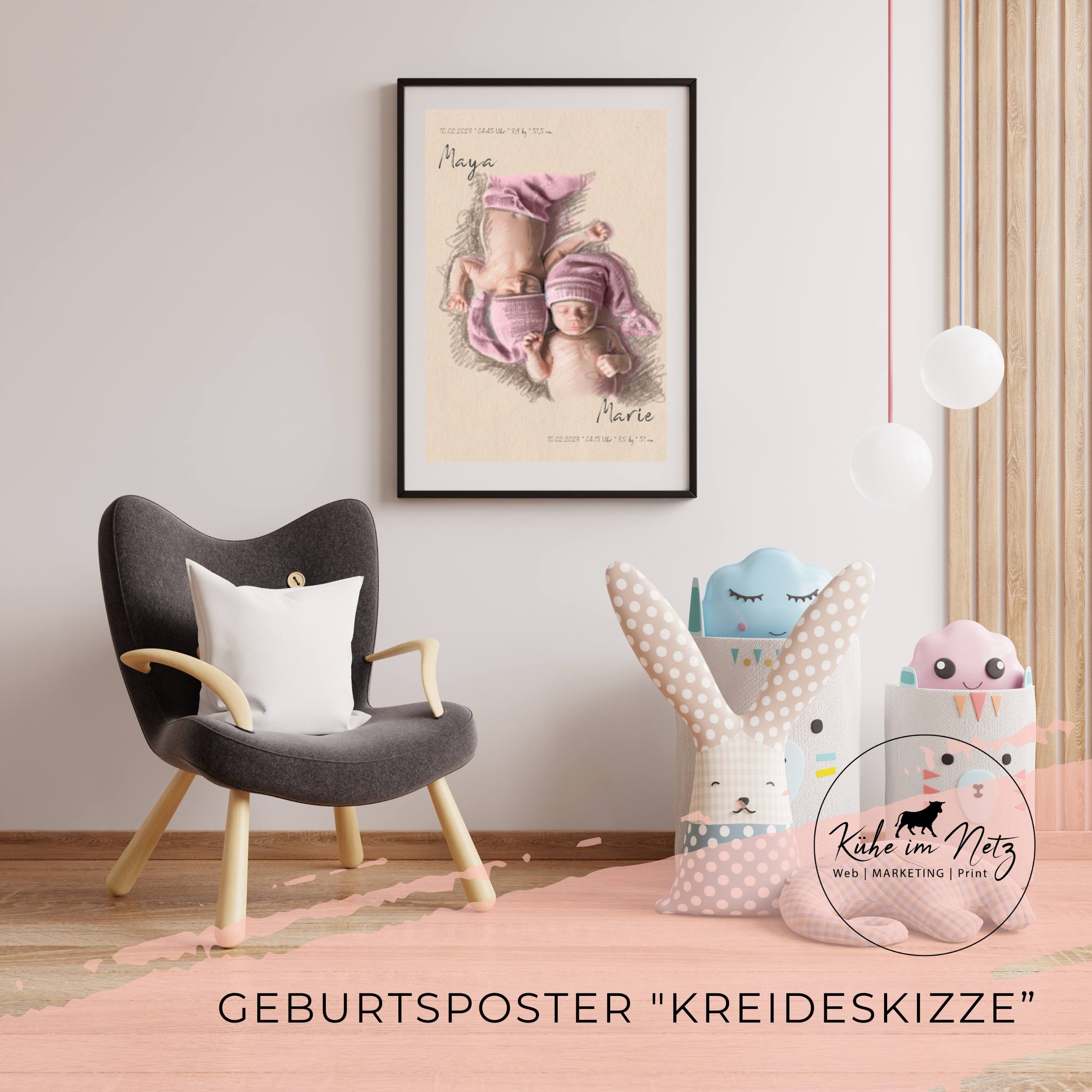 Geburtsposter Zwillinge "Kreideskizze" Mädchen ***PERSONALISIERT*** – Bild 3
