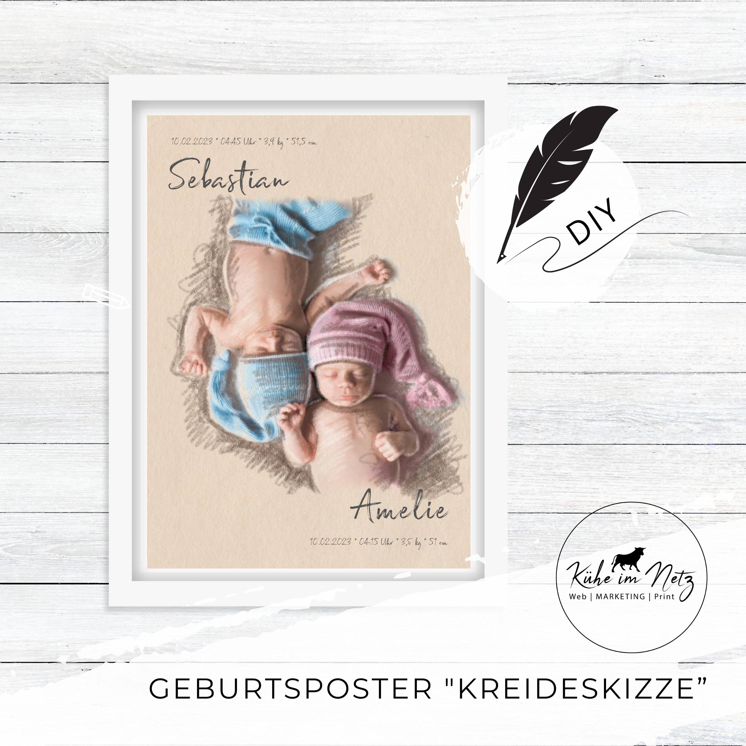 Geburtsposter Zwillinge "Kreideskizze" Paar ***PERSONALISIERT***