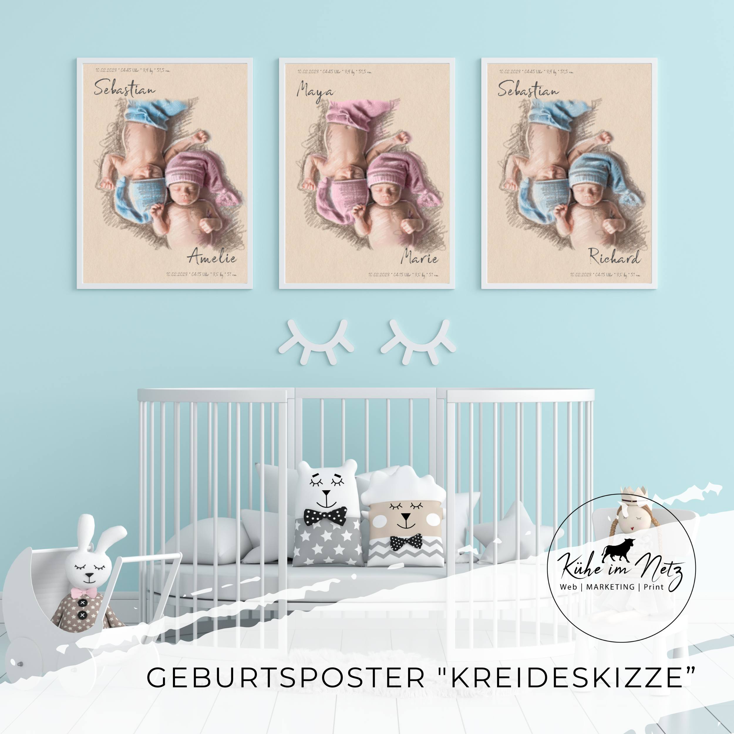 Geburtsposter Zwillinge "Kreideskizze" Jungen ***PERSONALISIERT*** – Bild 2
