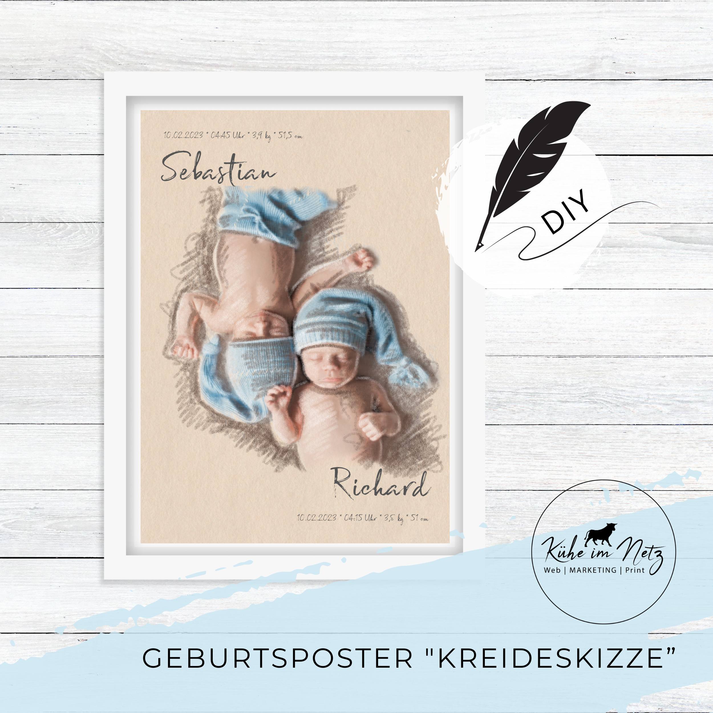Geburtsposter Zwillinge "Kreideskizze" Jungen ***PERSONALISIERT***