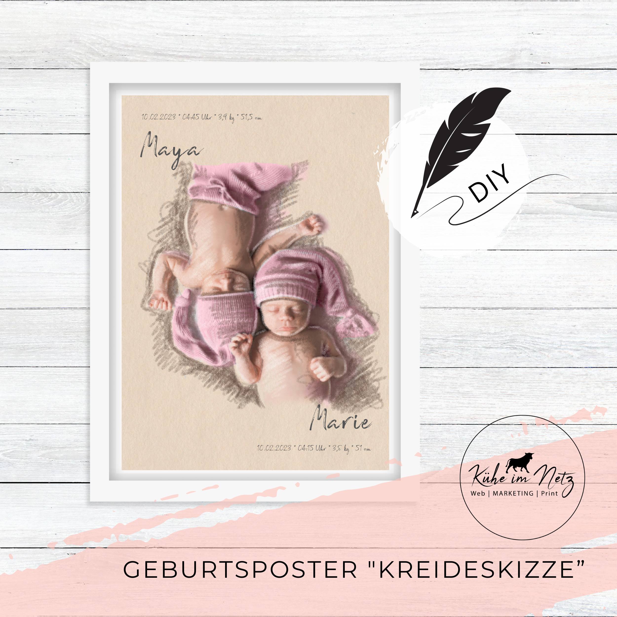 Geburtsposter Zwillinge "Kreideskizze" Mädchen ***PERSONALISIERT***