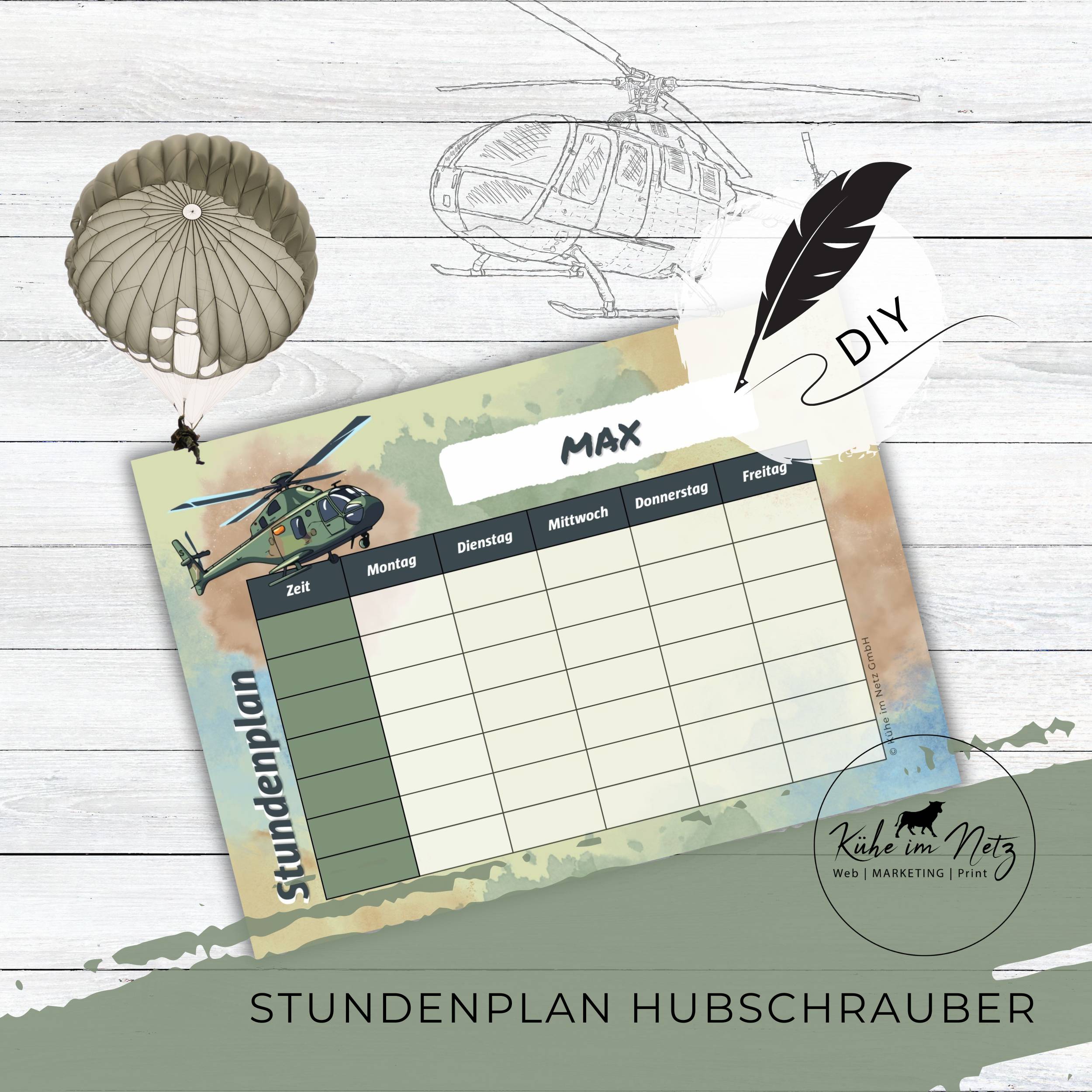 Stundenplan "Hubschrauber" | Personalisierbare Druckvorlage | Sofortdownload