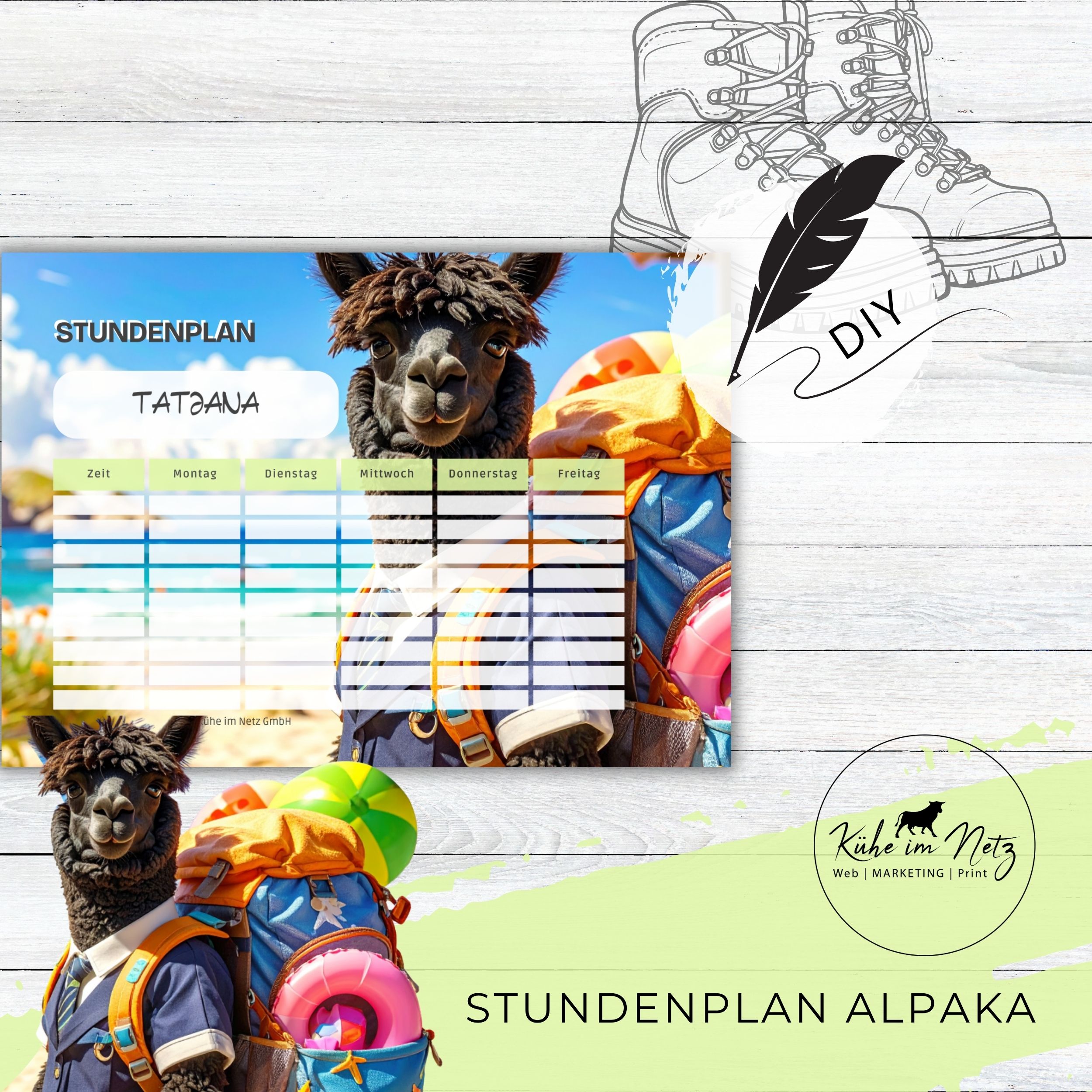 Stundenplan „Alpaka“ | Personalisierbare Druckvorlage #backtoschool | PDF Formular Download